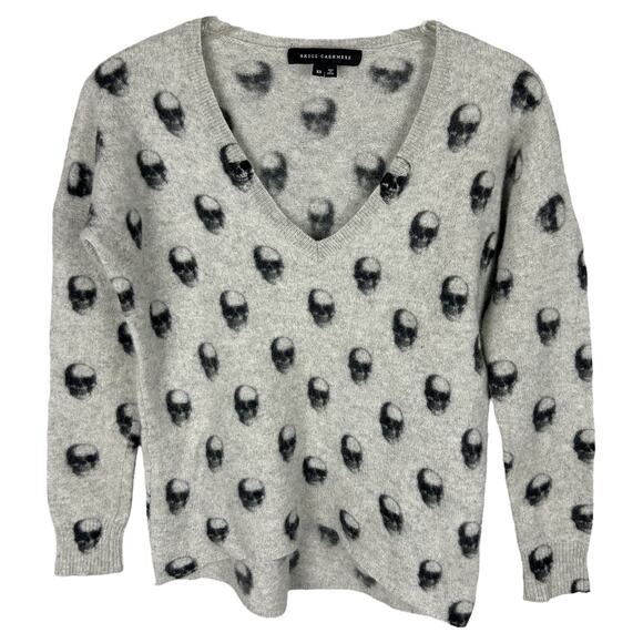 Skull Cashmere Grey Skull Print Long Sleeve V Neck Sweater XS - Picture 1 of 5